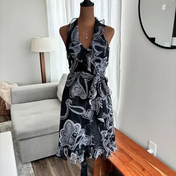 White House Black Market Paisley Midi Dress Halter Black White Wrap Bow Size 0 - Picture 2 of 7